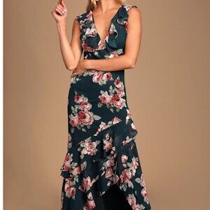 NWT LULU'S Secret Romance Floral High-Low Maxi Dress Dark Green Small